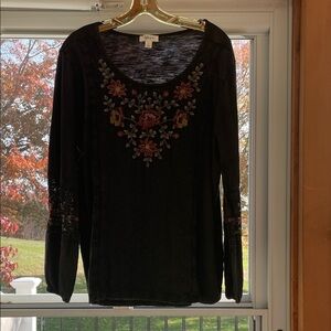 Style & Co Black Floral Embroidered Long Sleeve Top